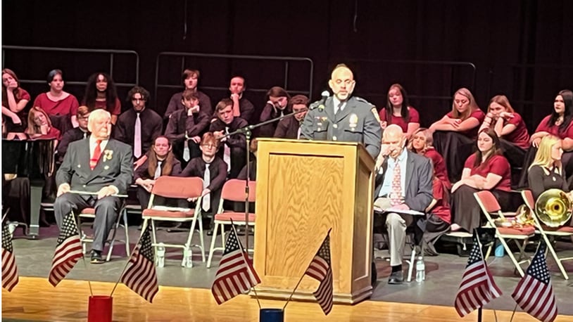 Franklin police Chief Adam Colon was the featured speaker at the 23rd annual Veterans Day Program at Franklin High School. Colon, an Army veteran, spoke about values he learned in the service that he continues to follow. ED RICHTER/STAFF
