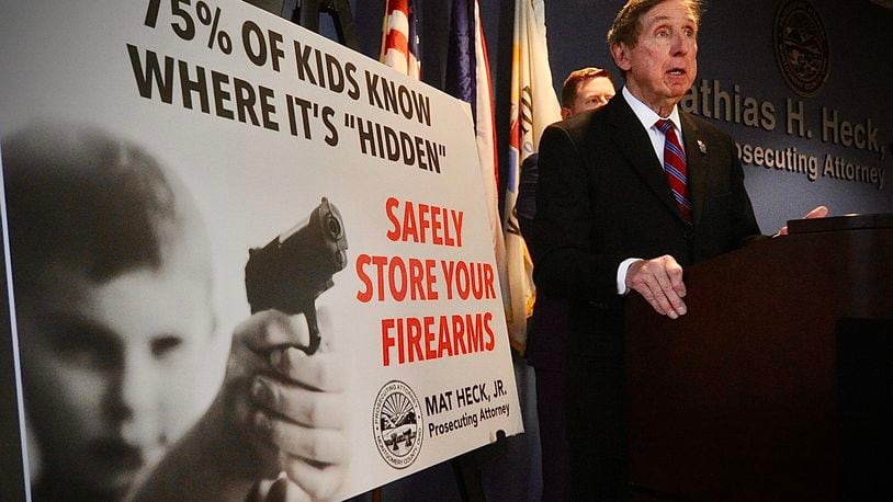 Montgomery County Prosecutor Mat Heck Jr. announced a new campaign Thursday, Feb. 22, 2024, called Safely Store Your Firearms in the wake of another young child who shot himself with an unsecured gun. MARSHALL GORBY\STAFF