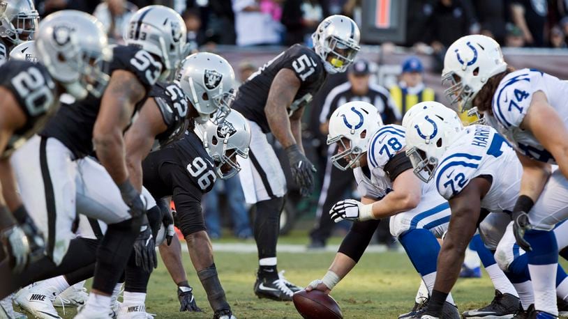 Center Ryan Kelly (#78) of the Colts prepares to snap the ball against the Raiders in a game on December 24, 2016 at Oakland-Alameda County Coliseum.