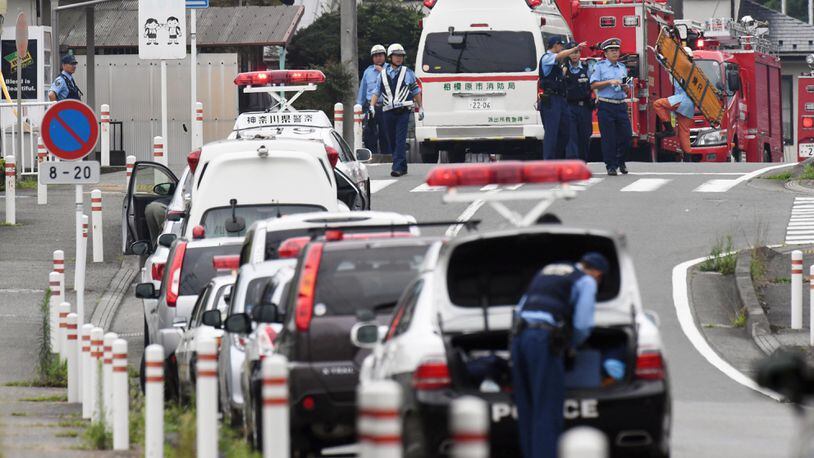 SAGAMIHARA, JAPAN - JULY 26: Emergency vehicles are deployed around a residential care facility for the disabled where at least 15 people were killed and more than 25 injured in a stabbing rampage on July 26, 2016 in Sagamihara, west of Tokyo, Japan. A 26-year-old man was arrested after turning himself in at a police station. (Photo by Kyodo News via Getty Images)