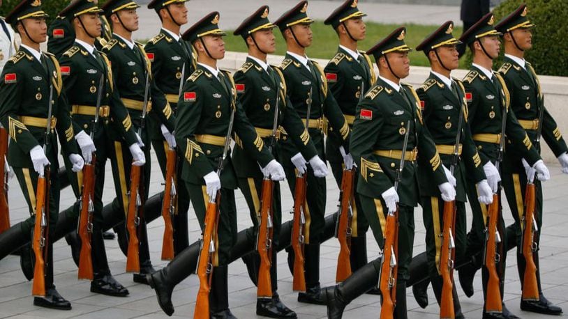 Honor guards march to get into position for the arrival of U.S. President Donald Trump and first lady Melania at Beijing airport on November 8, 2017 in Beijing, China, . Trump visited China as a part of his Asian tour.