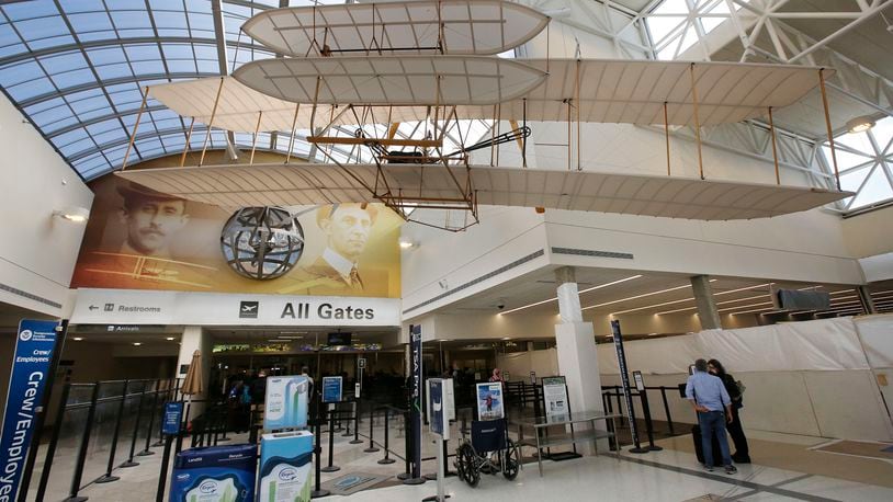 Renovation to the center of the  Dayton Airport terminal has been completed with a new terrazzo floor, wider TSA exit and new restrooms.  TY GREENLEES / STAFF