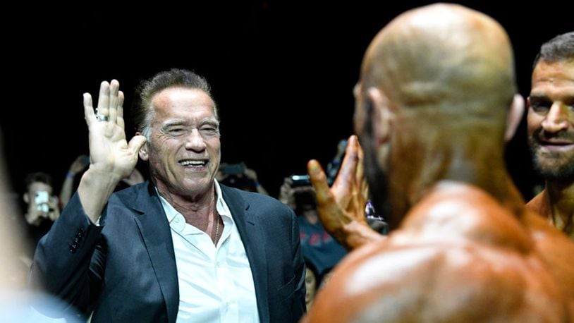 Arnold Schwarzenegger and Elite Pro 2019 IFBB World Professional Bodybuilders during the Arnold Sports Festival Africa 2019 at Sandton Convention Center on May 18, 2019 in Johannesburg, South Africa.