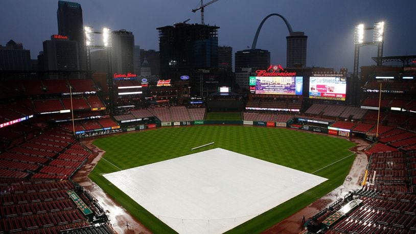 ST LOUIS, MO - AUGUST 30: A general view of the tarp covering the field as the game between the St. Louis Cardinals and the Cincinnati Reds is cancelled due heavy rainfall at Busch Stadium on August 30, 2019 in St Louis, Missouri. (Photo by Dilip Vishwanat/Getty Images)