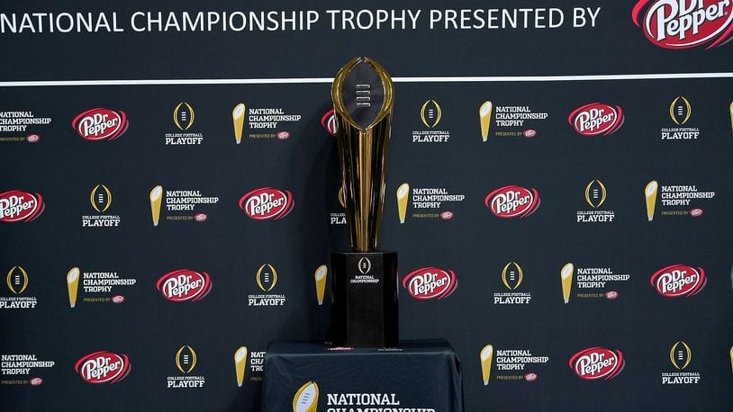 SAN JOSE, CA - JANUARY 05:  A detailed view of the National Championship Trophy on display during the College Football Playoff National Championship Media Day for the Alabama Crimson Tide and Clemson Tigers at SAP Center on January 5, 2019 in San Jose, California.  (Photo by Thearon W. Henderson/Getty Images)