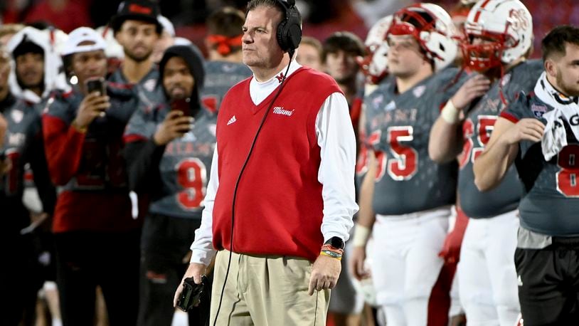 Miami (Ohio) coach Chuck Martin stands along the sideline during the second half of the team's Frisco Football Classic NCAA college football game against North Texas in Frisco, Texas, Thursday, Dec. 23, 2021. (AP Photo/Matt Strasen)
