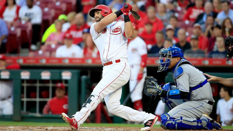 CINCINNATI, OH - SEPTEMBER 26:  Jose Peraza #9 of the Cincinnati Reds hits a home run in the first inning against the Kansas City Royals at Great American Ball Park on September 26, 2018 in Cincinnati, Ohio.  (Photo by Andy Lyons/Getty Images)