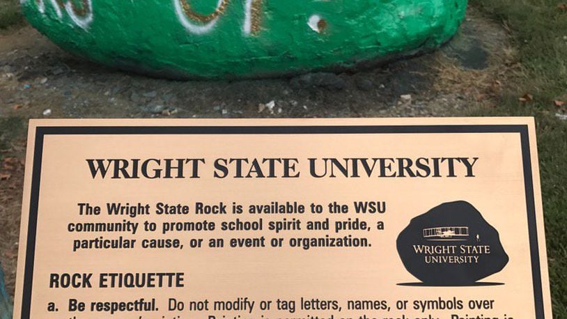 Wright State added a rules sign to its campus rock on Thursday.