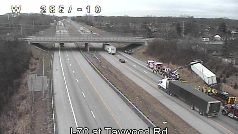A semi truck and passenger vehicle crashed on I-70 west near Taywood Road in Englewood on Thursday, Dec. 9, 2021. One minor injury was reported, according to the Ohio State Highway Patrol.