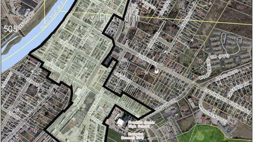 The area bordered in black is the revitalization area of downtown Franklin. City officials have been working the past few years on the plan and a moratorium on downtown development has been extended for another 60 days until April 18. CONTRIBUTED/CITY OF FRANKLIN