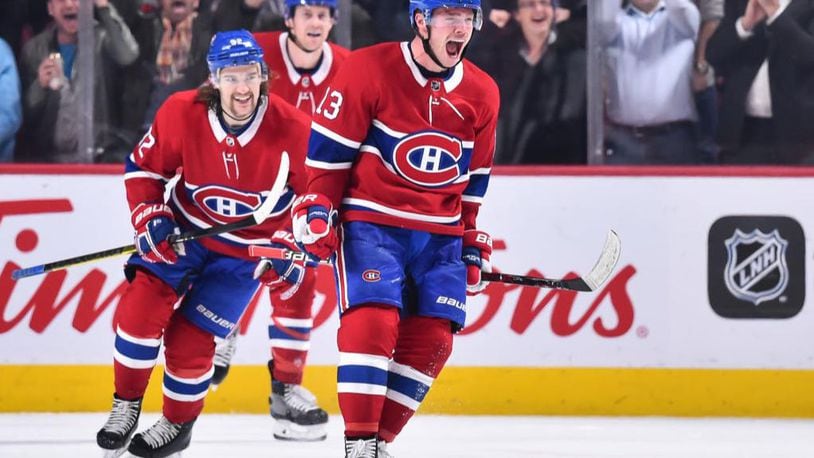 Max Domi celebrates after his third-period goal put Montreal ahead 5-4. The Canadiens would set an NHL record by scoring two seconds later to ice the game.