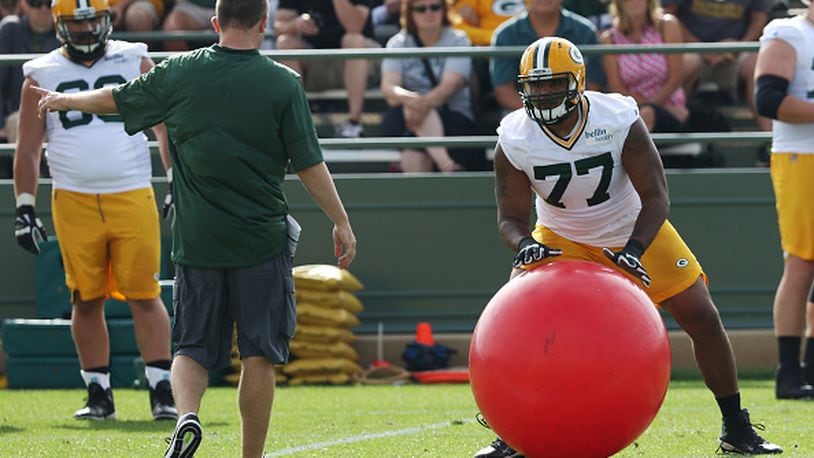 GREEN BAY, WI - JULY 28: Green Bay Packers Adam Pankey (77) works on agility during Green Bay Packers Training Camp on July 28, 2017 at Ray Nitschke Field in Green Bay, WI. (Photo by Larry Radloff/Icon Sportswire via Getty Images)