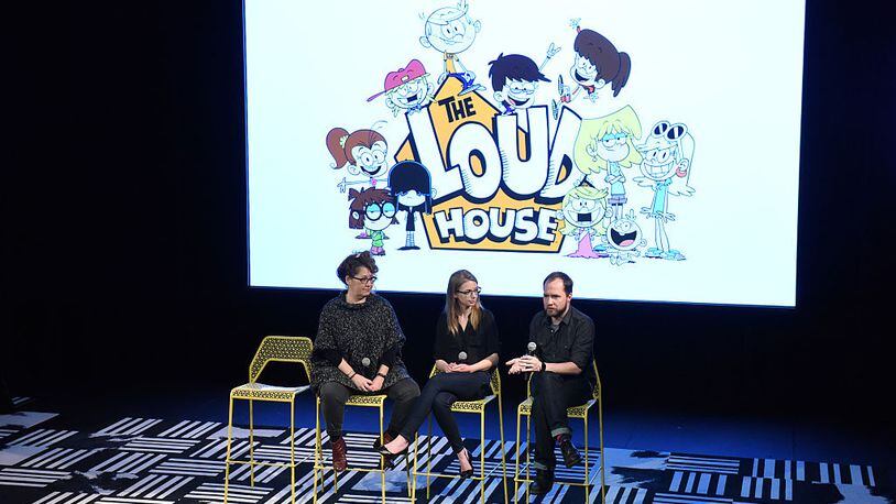 From left, producer Karen Malach, writer Karla Sakas Shropshire and executive producer Chris Savino speak during "The Loud House" event presented by Nickelodeon n 2016. Savino was fired from the show after allegations of sexual harassment surfaced.