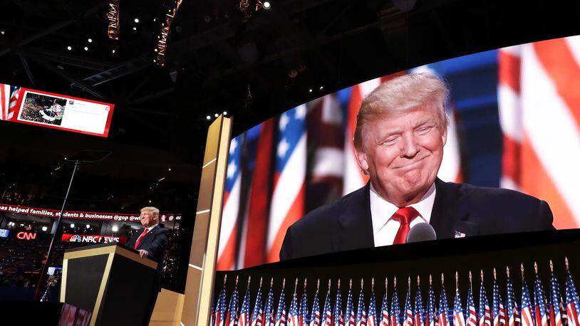 CLEVELAND, OH - JULY 21: Republican presidential candidate Donald Trump delivers a speech during the evening session on the fourth day of the Republican National Convention on July 21, 2016 at the Quicken Loans Arena in Cleveland, Ohio. Republican presidential candidate Donald Trump received the number of votes needed to secure the party's nomination. An estimated 50,000 people are expected in Cleveland, including hundreds of protesters and members of the media. The four-day Republican National Convention kicked off on July 18. (Photo by Chip Somodevilla/Getty Images)