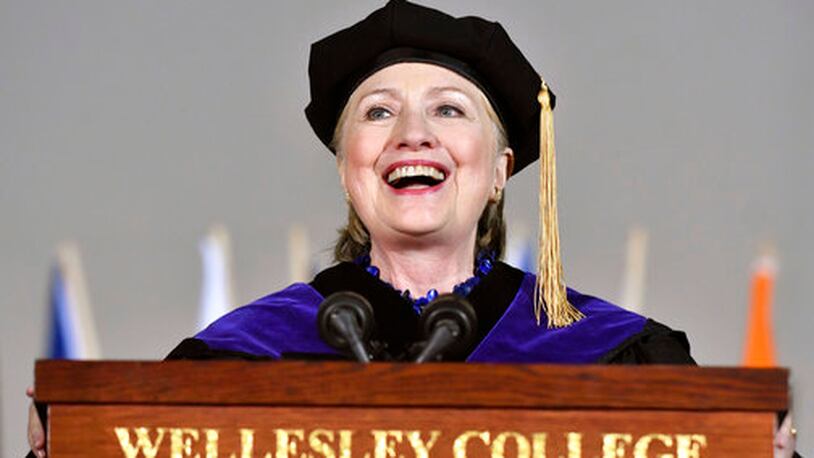 Former Secretary of State Hillary Clinton delivers the commencement address at Wellesley College, Friday, May 26, 2017 in Wellesley, Mass. Clinton graduated from the school in 1969. (AP Photo/Josh Reynolds)