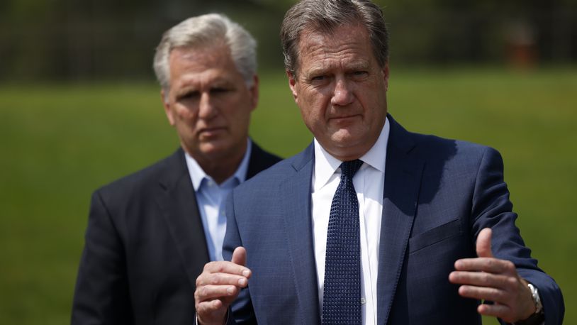 Congressman Mike Turner and Republican House Minority Leader, Kevin McCarthy and Congressman Brad Wenstrup toured WPAFB Friday June 11, 2021. Jim Noelker /Staff  