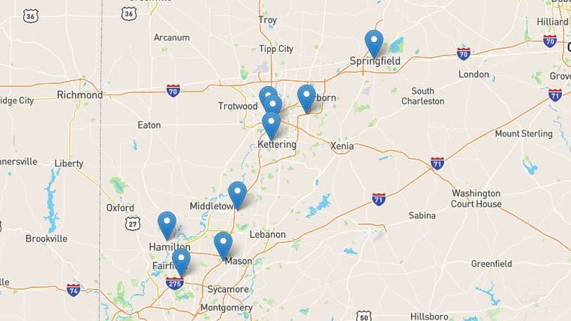 Map of Dayton-area hospital facilities