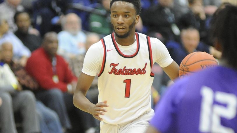 Amari Davis (with ball) led Trotwood with 22 points. Pickerington Central defeated Trotwood-Madison 95-80 in the 17th annual Premier Health Flyin’ to the Hoop at Trent Arena on Monday, Jan. 21, 2019. MARC PENDLETON / STAFF