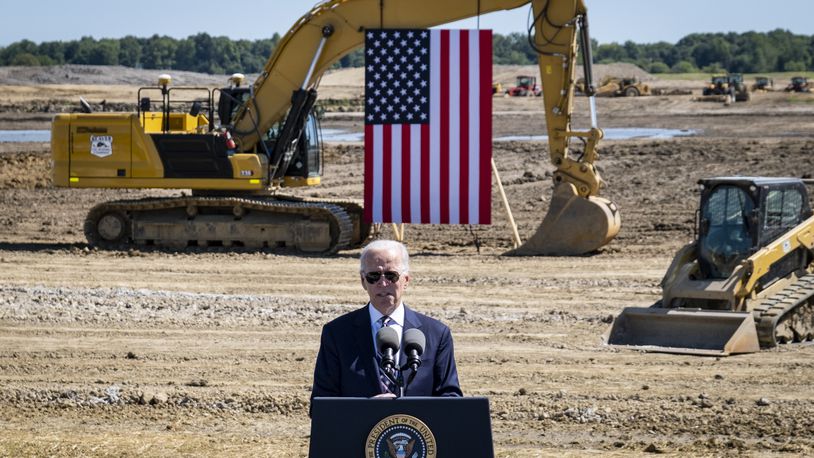 FILE -- President Joe Biden delivers remarks at the site of a new Intel semiconductor manufacturing plant in New Albany, Ohio, Sept. 9, 2022. During his State of the Union address on Feb. 7, Biden pointed to the jobs that the plant will produce. (Pete Marovich/The New York Times)