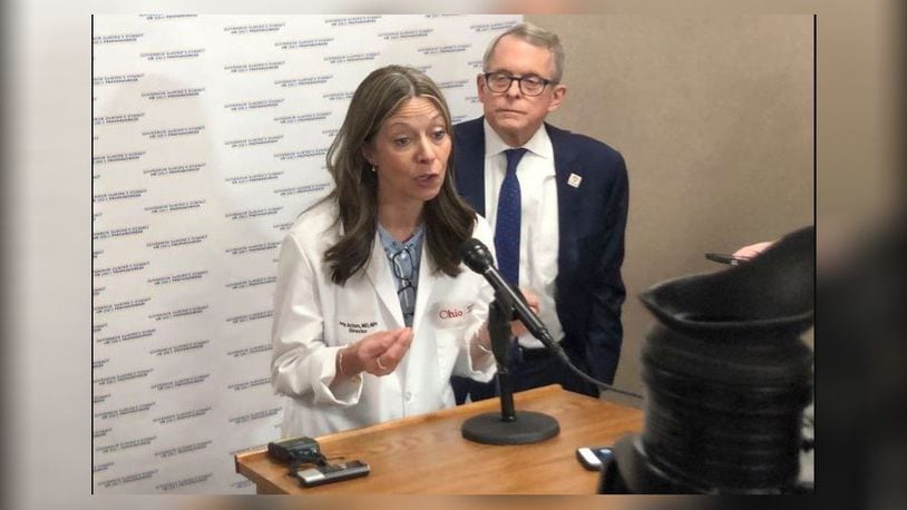 Dr. Amy Acton, director, Ohio Department of Health, and Gov. Mike DeWine at news conference in Columbus on coronavirus, Thursday, March 5, 2020. (AP)