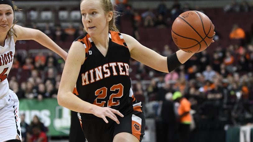 Minster’s Jessica Falk against Willoughby Cornerstone Christian in Friday’s Division IV state semifinals at the Schottenstein Center in Columbus. Nick Falzerano/CONTRIBUTED