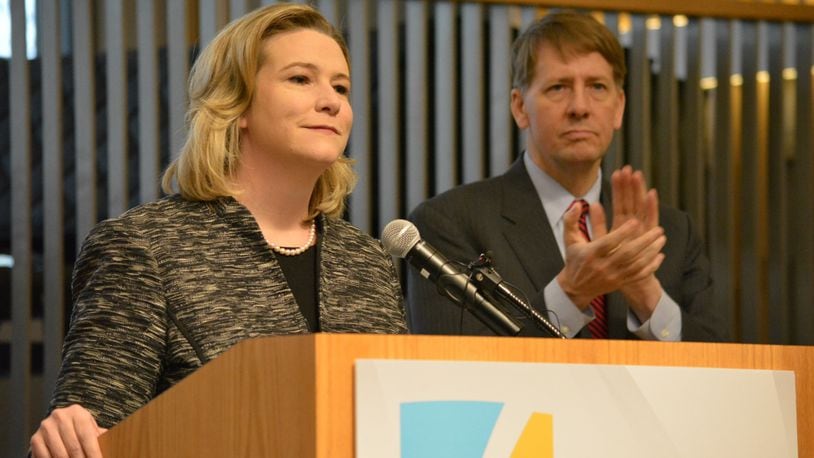 Dayton Mayor Nan Whaley endorsed Richard Cordray in the race for governor at the Dayton Metro Library on Friday. Photo by Jim Otte.