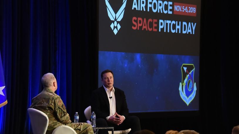 Elon Musk, SpaceX chief engineer, speaks with U.S. Air Force Lt. Gen. John Thompson, Space and Missile Systems Center commander and program executive officer for space, during a question-and-answer session during the first day of U.S. Air Force Space Pitch Day Nov. 5 in San Francisco. Air Force Space Pitch Day is a two-day event hosted by the Air Force to demonstrate the service’s willingness and ability to work with non-traditional startups and small businesses. (U.S. Air Force photo/Senior Airman Christian Conrad)
