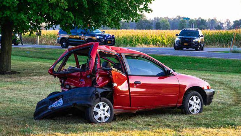 Authorities said the driver of red car was taken by Careflight to Miami Valley Hospital after a two-vehicle collision Monday morning. Photo: Jim Comer (Early Bird Newspaper)