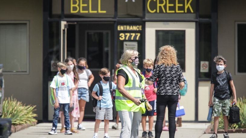 Bellbrook Intermediate released their students after the first day of school Monday August 17, 2020 JIM NOELKER/STAFF