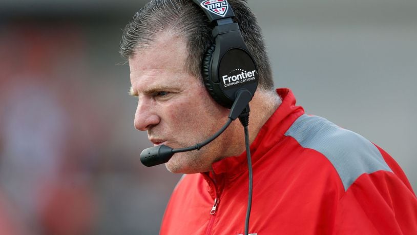 CINCINNATI, OH - SEPTEMBER 24: Head Coach Chuck Martin of the Miami Ohio Redhawks calls a play during the fourth quarter of the game against the Cincinnati Bearcats at Nippert Stadium on September 24, 2016 in Cincinnati, Ohio. Cincinnati defeated Miami (OH) 27-20.(Photo by Kirk Irwin/Getty Images)