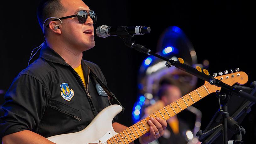 Airman 1st Class Christopher Arellano, Air Force Band of Flight, performs at Fraze Pavilion on July 27. Arellano was named the Air Force’s New Musician of the Year. U.S. AIR FORCE PHOTO/R.J. ORIEZ