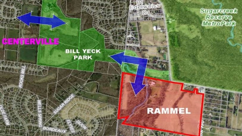 Exhibit A of the lawsuit shows the area being sought for rezoning and its relationship with Bill Yeck Park and the city of Centerville.