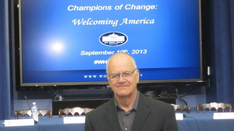 Daytonian Thomas Wahlrab at the White House on Sept. 19. He is in front of a screen in the room where Champions of Change were recognized and panel discussions held. CONTRIBUTED