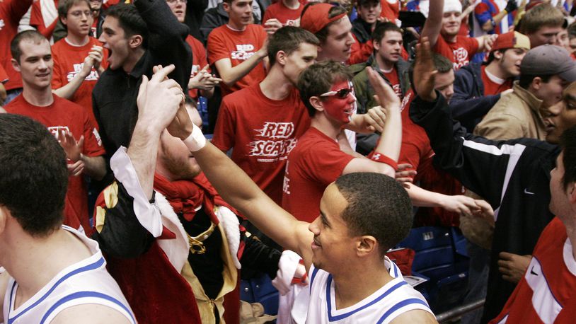 UD’s Brian Roberts greets the Flyers student section after beating Saint Joseph’s, 79-67, in their final regular season game Saturday, March 8, 2008. Staff photo by Chris Stewart