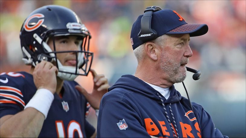 CHICAGO, IL - DECEMBER 03:  Head coach John Fox of the Chicago Bears is seen on the sidleines as  Mitchell Trubisky #10 moves to the field at Soldier Field on December 3, 2017 in Chicago, Illinois. The 49ers defetaed the Bears 15-14. (Photo by Jonathan Daniel/Getty Images)