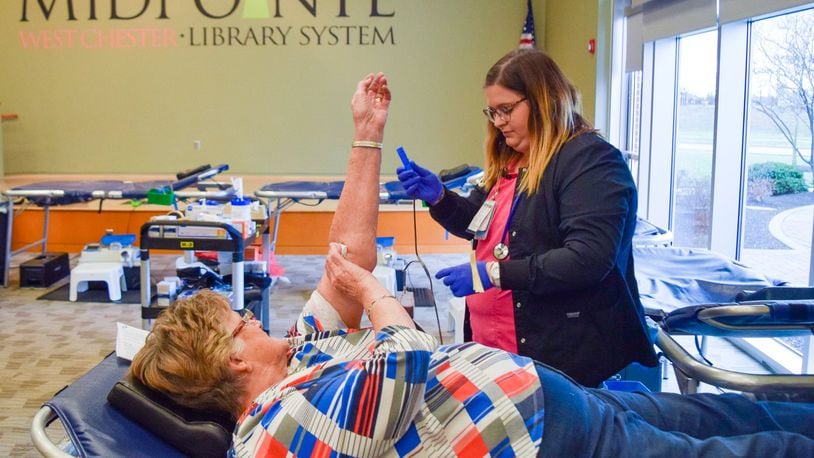 The Nov. 27 blood drive at MidPointe Library West Chester marked the four-year anniversary of Community Blood Centerâ€™s monthly blood drive partnership at MidPointe. Fairfield Township donor Peggy Eversole came to make her 84th lifetime donation. CONTRIBUTED