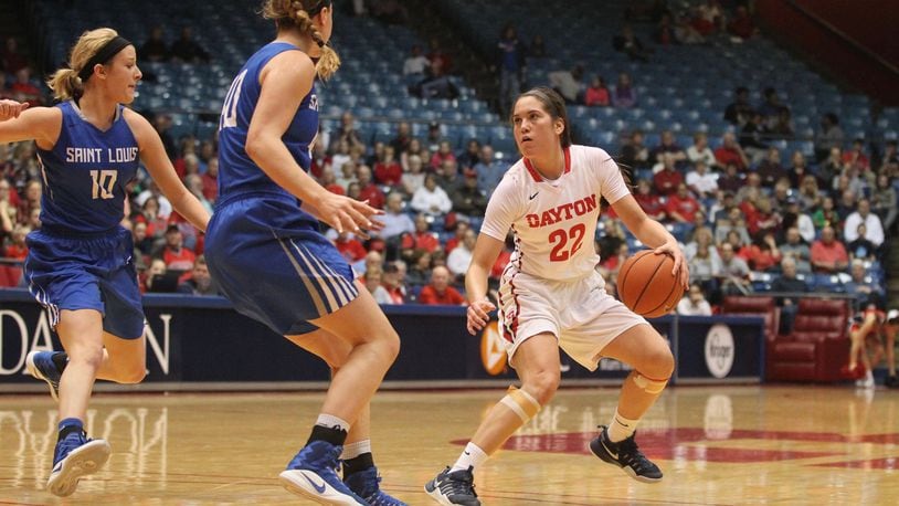 Dayton's Kelley Austria looks for a shot against Saint Louis on Feb. 22, 2017, at UD Arena.