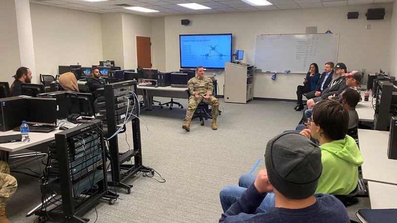 U.S. Army Brig Gen. Paul Craft, commandant and chief of cyber at the Army Cyber School,  speaking with Sinclair Community College students during a recent visit. Contributed.