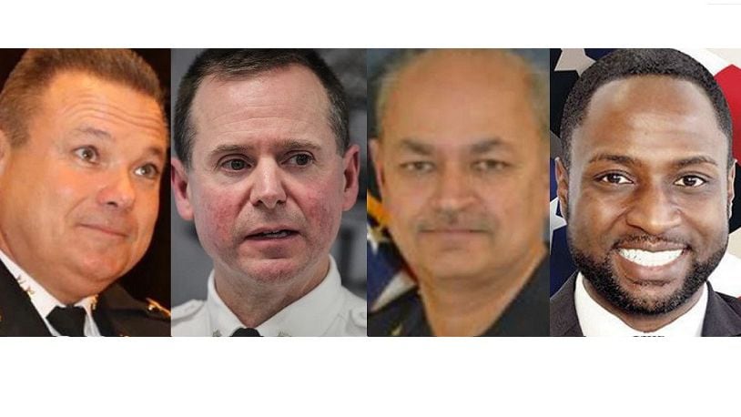 Four finalists to become the next Dayton police chief have been named. They include, from the left, Joseph Sullivan, the former deputy police commissioner of Philadelphia; Dayton Interim police director and chief Matt Carper;
Kamran Afzal, police chief of Hopewell, Virginia; and  John Pate, chief administrative officer and director of public safety in Opa-Locka, Florida. CONTRIBUTED