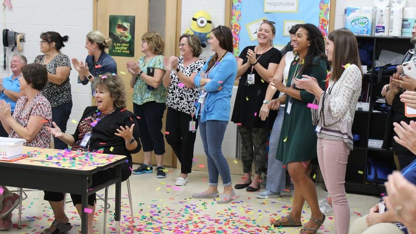 Indian Riffle Elementary School staff celebrate after being named a National Blue Ribbon School for 2018 by the Department of Education. CONTRIBUTED.