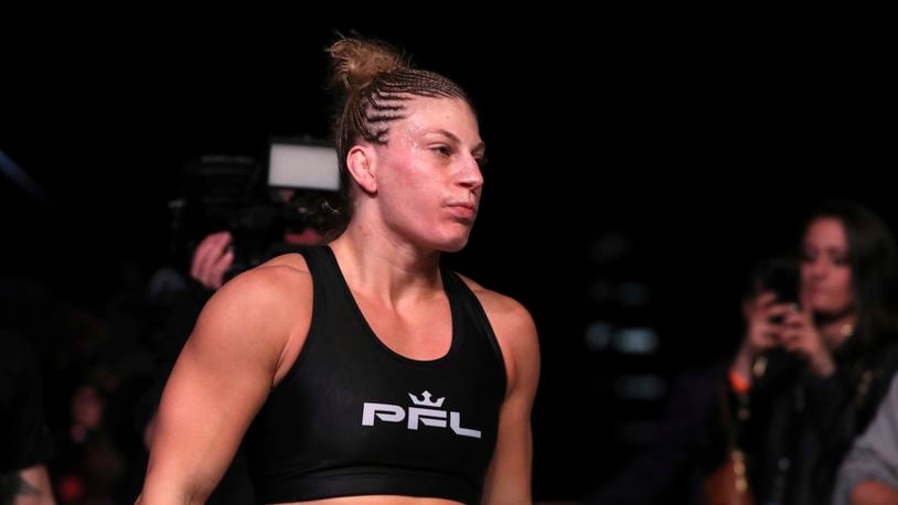 Middletown's Kayla Harrison, undefeated in her professional career, will fight for her third consecutive Professional Fighters League title Nov. 25 against Larissa Pacheco, whom she has beat twice. (AP Photo/Gregory Payan, File)