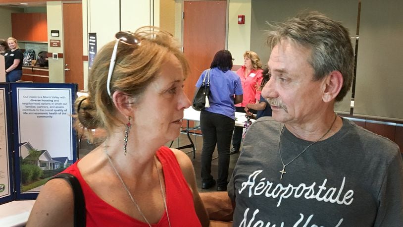 Amee Ranta and Bill Moore attend a Montgomery County-organized Housing Recovery Resource Fair in August. At the time, they were living out of their car after being displaced by a Memorial Day tornado. They moved into a new apartment in October. CHRIS STEWART / STAFF