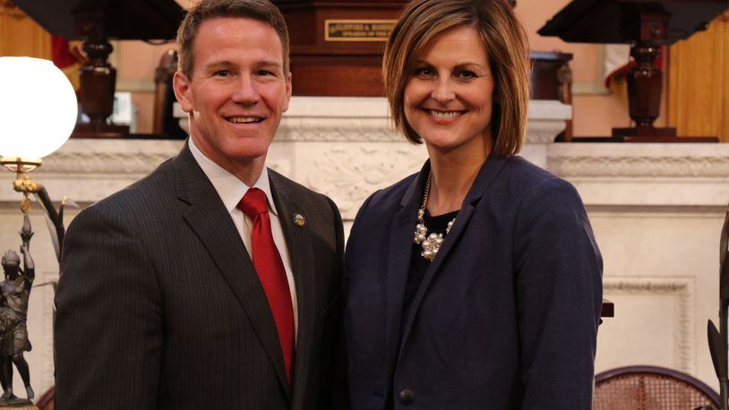 Kathy Wyenandt, a former Butler County Board of Elections, has decided to run for a Statehouse seat this November. She intends to run against Ohio Rep. George Lang, R-West Chester Twp., for his 53rd Ohio House District seat. Wyenandt is pictured here with Ohio Secretary of State when she was sworn in as a Butler County Board of Elections member in 2016. CONTRIBUTED.