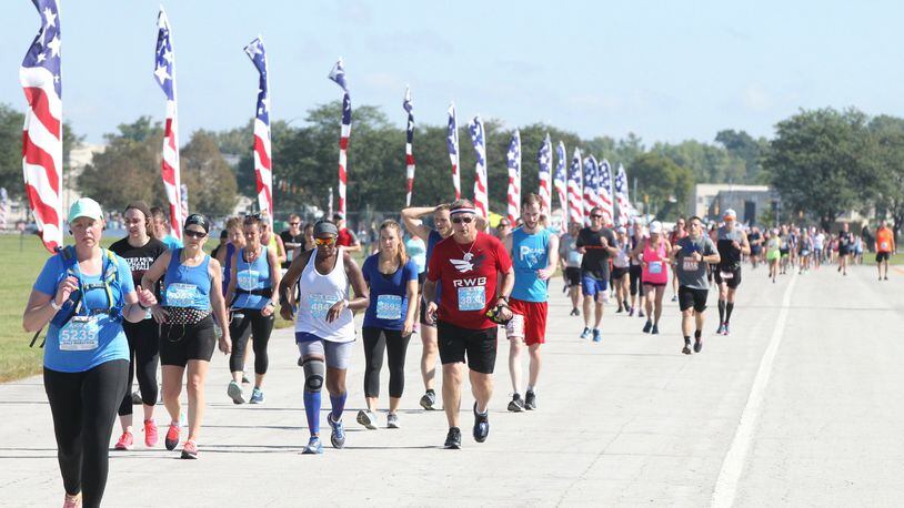 Runners near the finish in Air Force Marathon on Saturday, Sept. 15, 2018, at Wright-Patterson Air Force Base. David Jablonski/Staff