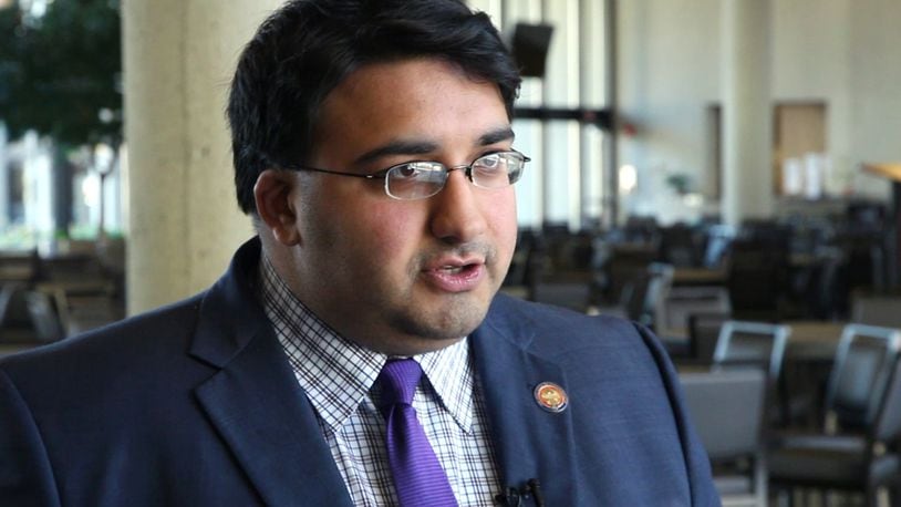 State Rep. Niraj Antani talks with reporters about Ohio Supreme Court Justice William M. O’Neill recusing himself from “future matters” on the court following his announcement that he is running as a Democrat for governor but not stepping down from the court. TY GREENLEES / STAFF