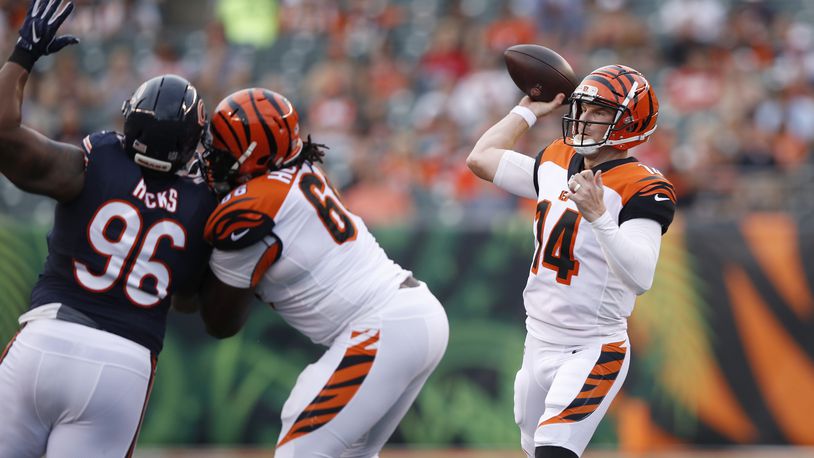 CINCINNATI, OH - AUGUST 09: Andy Dalton #14 of the Cincinnati Bengals throws for a 24-yard touchdown to Joe Mixon in the first quarter of a preseason game against the Chicago Bears at Paul Brown Stadium on August 9, 2018 in Cincinnati, Ohio. (Photo by Joe Robbins/Getty Images)