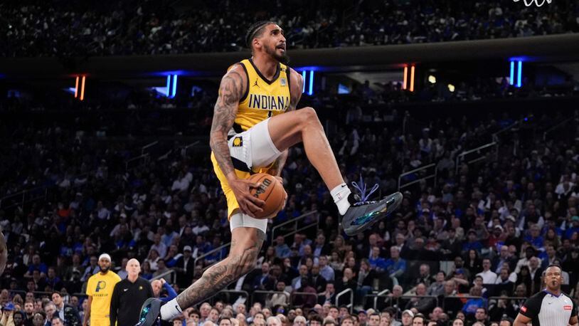 Indiana Pacers' Obi Toppin (1) goes up to dunk during the second half of Game 1 in an NBA basketball second-round playoff series against the New York Knicks Monday, May 6, 2024, in New York. (AP Photo/Frank Franklin II)