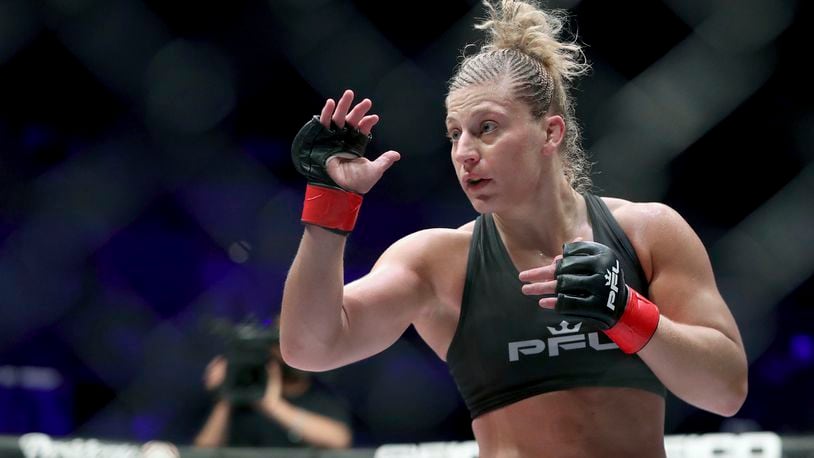 Kayla Harrison is shown during a Professional Fighters League bout against Larissa Pacheco at Nassau Coliseum in Uniondale, N.Y., in 2019. Harrison fights Pacheco in the third time Friday night in the winner-take-all $1 million PFL championship. (AP Photo/Greg Payan, File)