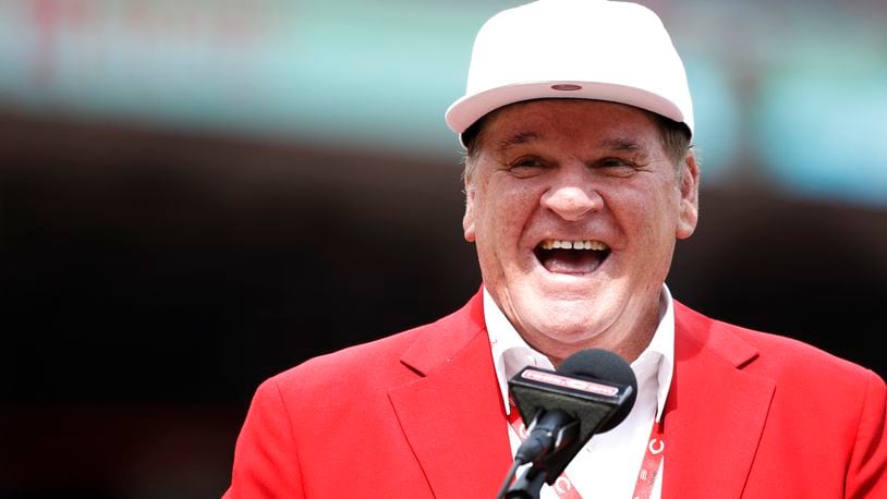 Former Cincinnati Reds great Pete Rose reacts during a statue dedication ceremony prior to a game against the Dodgers at Great American Ball Park on June 17.