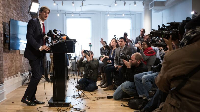 Milo Yiannopoulos is pictured as he takes questions from the media during a press conference on February 21, 2017 in New York City. After comments he made regarding pedophilia surfaced in an online video, Yiannopoulos resigned from his position at Brietbart News and was uninvited to speak at the Conservative Political Action Conference (CPAC) and lost a major book deal with Simon & Schuster. (Photo by Drew Angerer/Getty Images)